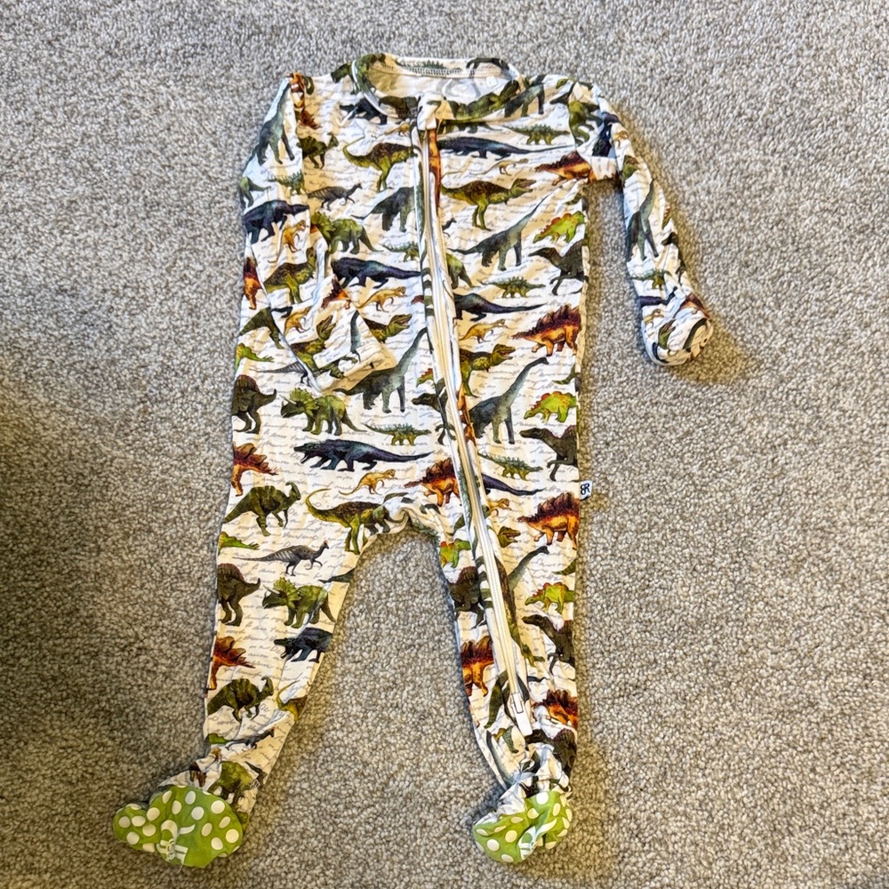 Zip-Front Kids Dinosaur Footed One-Piece in Cream and Green